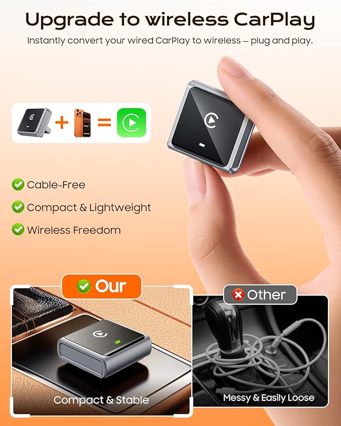 2026 Wireless CarPlay Adapter for Apple Only, Upgrade Mini Aluminium Car Play Adapter Converts Wired to Wireless CarPlay for iPhone, Plug & Play, Auto Connect Fast and Stable, with USB-C, Grey