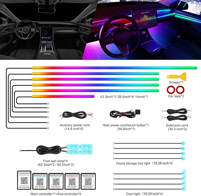 Dreamcolor Acrylic Interior Car LED Strip Light with Wireless APP, RGB 18 in 1 with 175 inches 612 LEDs Fiber Optic Strip Lights for Car, Dual Zone Symphony Neon Car Ambient Lighting