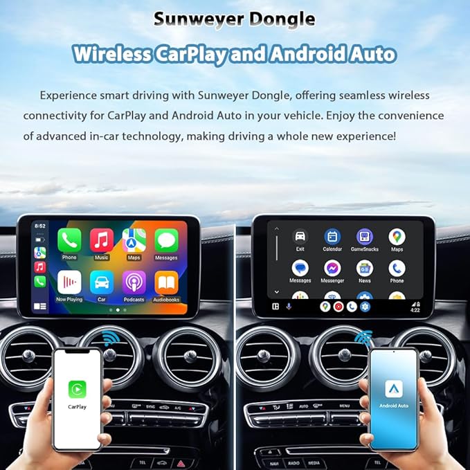 Sunweyer Wireless CarPlay & Android Auto Adapter 2 in 1 Auto Connect Box, Supports Online Updates Wired to Wireless for Cars Have Wired Carplay