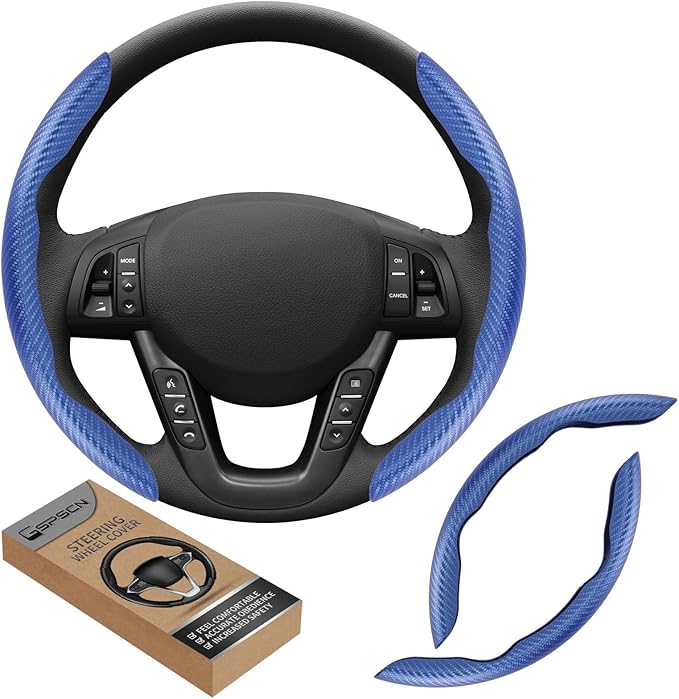 GSPSCN Universal Car Carbon Fiber Steering Wheel Cover Anti-Skid,Butterfly Steering Wheel Cover,Non-Slip Segmented Steering Wheel Protector,Fit for 99% Cars,Car Interior Accessories (Blue)