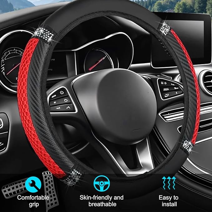 Bling Car Steering Wheel Cover, 15 Inch Elastic Stretch Crystal Rhinestone Vehicle Steering Wheel Protector, Anti-Slip Auto Interior Protective Cover, Universal for SUV RV Truck (Red)