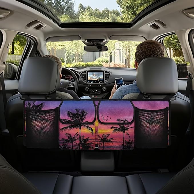 Purple Sunset Palm Hanging Trunk Organizer for SUV Back Seat Organizer with Elastic Net Collapsible Cargo Storage Bag Car Interior Accessories
