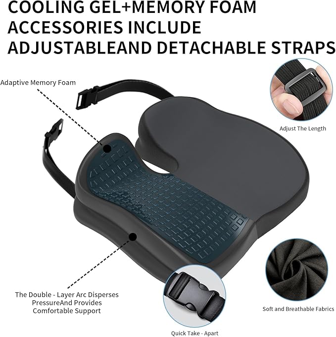 Seat Cushions for Office Chairs Wheelchair Cushion for Long Sitting Back Pain，Memory Foam Seat Car Computer Desk Chair Cushion，Coccyx Cushion for Tailbone Pain Relief Cushion Office Chair Charcoal