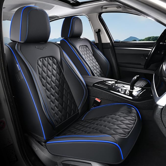 Coverado Front Car Seat Covers, Non-Slip Dust-Proof Nappa Leather, Universal Fit for Cars & Pickup Trucks, Waterproof Car Seat Protectors, Black & Blue Design for Sedans & SUVs