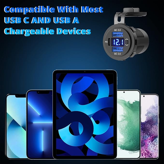 Qidoe 12V USB Outlet Dual 18W Quick Charge 3.0 Port & 30W PD 12V USB C Car Charger Socket with Voltmeter and Power Switch, Waterproof Multiple Car USB Port Adapter for Car Boat Marine Truck Golf RV