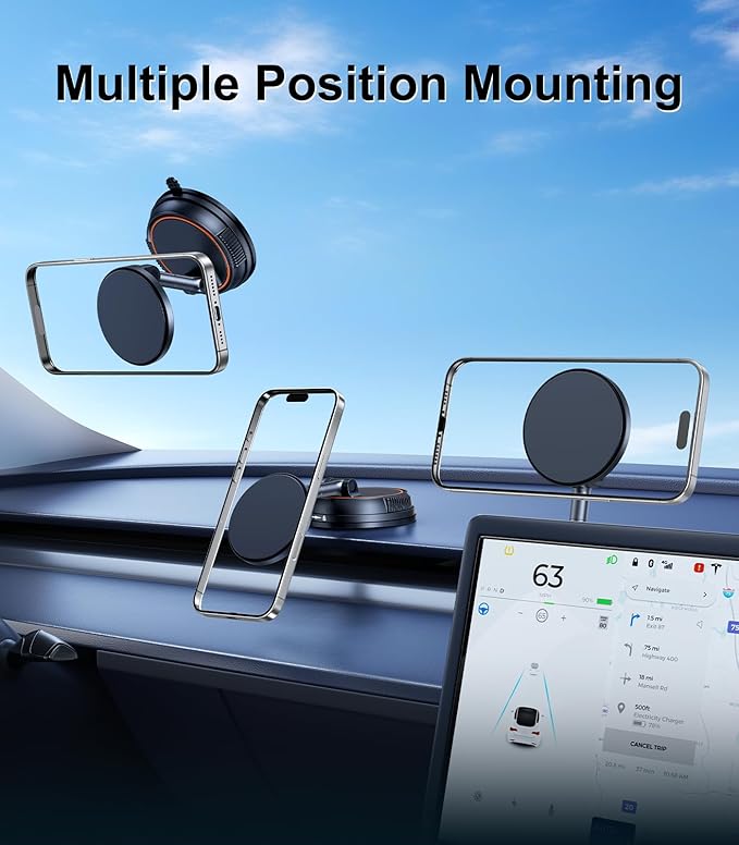 Magnetic Wireless Car Mount Charger Fast Charging, 360°Rotating Dashboard/Windshield Vacuum Suction Cup Phone Holders for Your Car, Car Accessories for iPhone 16 15 14 Pro Max Samsung Tesla