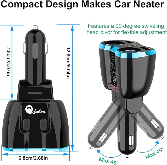 Cigarette Lighter Splitter: USB C 12V Car Charger Adapter 2 Socket Type C Multi 12 Volt Power Outlet 24V DC 80W with LED Voltmeter Switch 6.3A Dual USB Port for Mobile Cell Phone GPS Dash Cam