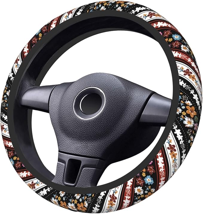 Boho Floral Steering Wheel Cover Women Men Flower Elastic Stretch Soft Car Wheel Protector Universal Breathable No-Slip Car Accessories for Truck Van SUV Auto Fit 14-15 Inches