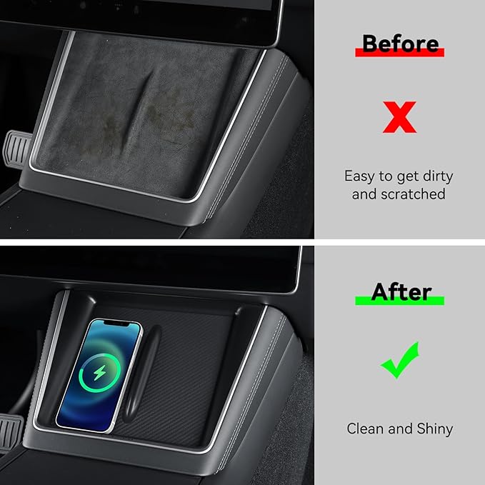 LUCKEASY Wireless Charging Pad for Tesla Model Y Juniper 2025 2026 Center Console Wireless Charger Pad Non-Slip Silicone Mat for Model Y Accessories Black (Carbon Fiber Texture)