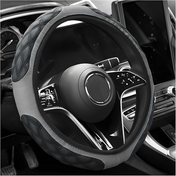 Car Steering Wheel Cover, 15 Inch Elastic Comfortable Auto Steering Wheel Protector, Anti-Slip Leather Wheel Cover Fashionable Interior Accessories for Most Cars Trucks SUVs (Gray)