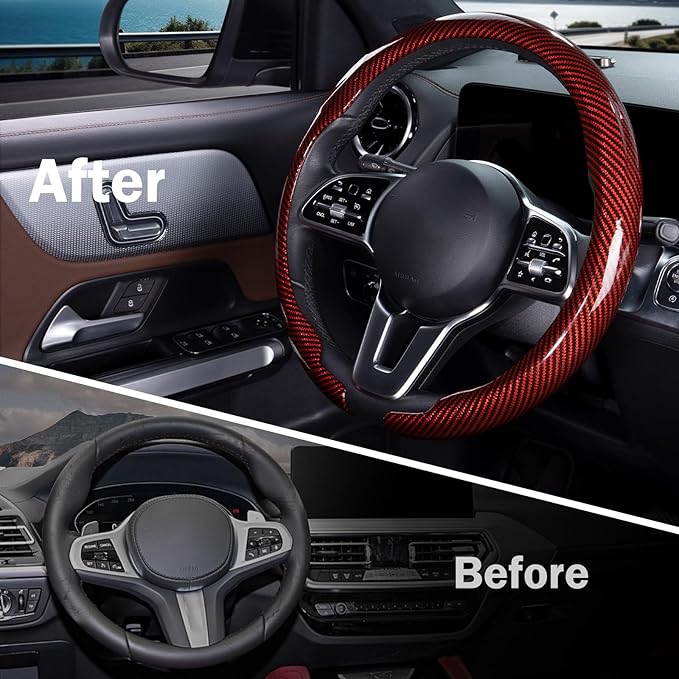 Car Steering Wheel Cover Carbon Fiber Snap On Steering Wheel Accessories Wrap 14.5-15 inch Universal Grip Anti-Skid Protector, Glossy Red