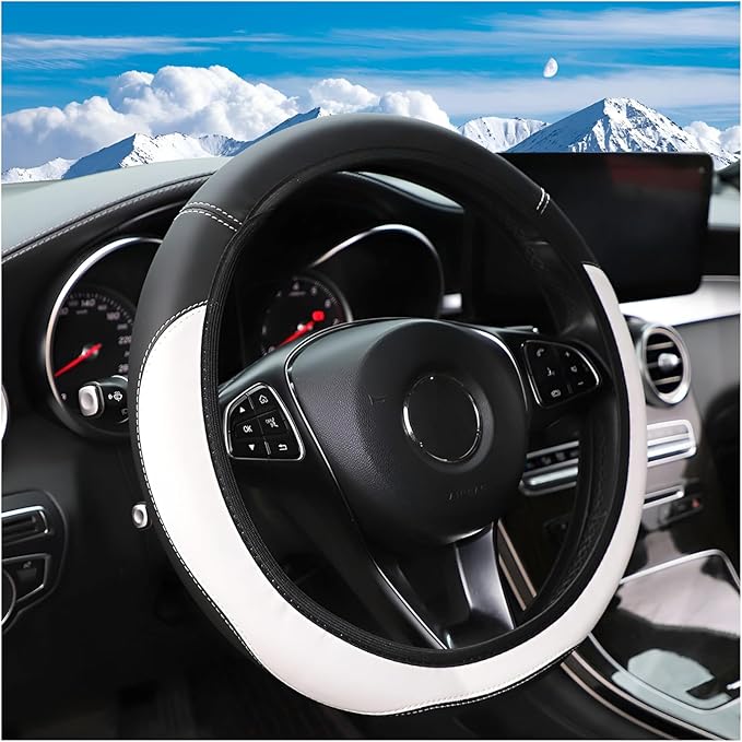 Car Steering Wheel Cover, Leather Elastic No Inner Ring Vehicle Steering Wheel Protector for 14.5-15Inch, Anti Slip Auto Interior Protection Accessories, Universal for SUV Sedan Truck (White)