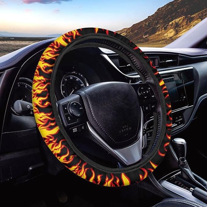AFPANQZ Flames Pattern Car Steering Wheel Covers Sweat Anti-Slip Soft Grip Universal 14-15 inch Stretch-on Fabric Steering Wheel Protector Fits Sedans SUV Vans Trucks Red