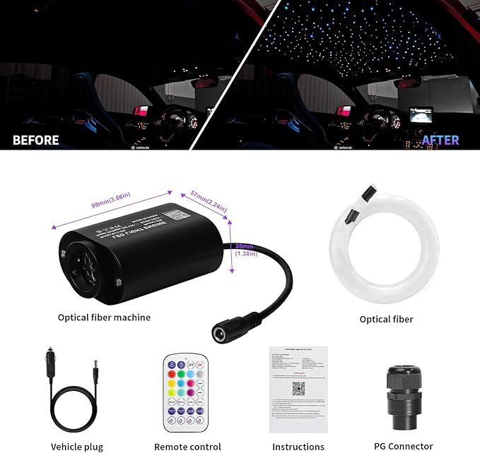 Small Size Car Twinkle Fiber Optic Starlight Headliner Kit, Sound-Activated APP& Remote Control Starlight Engine for Car Home, 200pcs 6.5ft