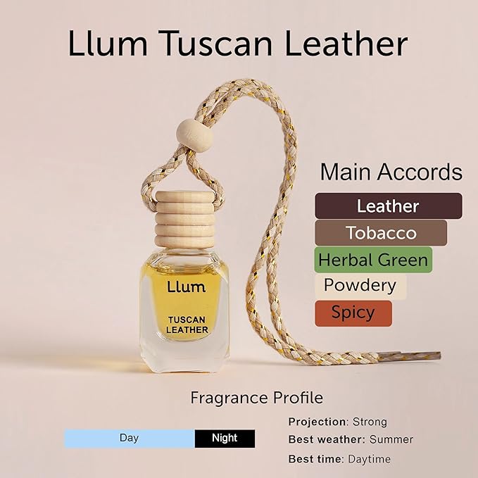 Llum Tuscan Leather Hanging Car Air Freshener – Luxury Automotive Perfume Diffuser 10ml (0.34 fl oz), Long-Lasting Fragrance, Alcohol-Free Non-Toxic Scent, Glass Bottle With Wood Cap & AC Vent Clip