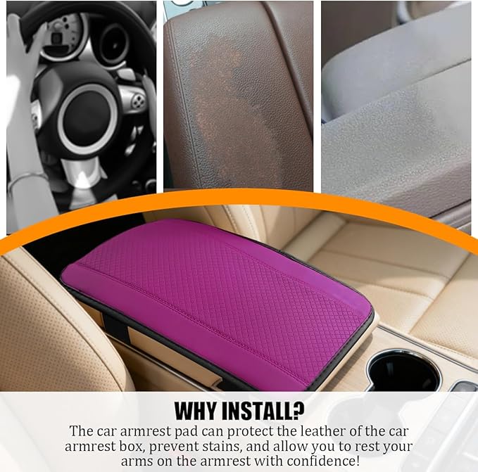 Car Center Console Cover, PU Leather Vehicle Armrest Seat Box Cover Protector, Comfortable Automotive Interior Arm Rest Cushion Pad Accessories, Universal for SUV Sedan Truck (Purple)