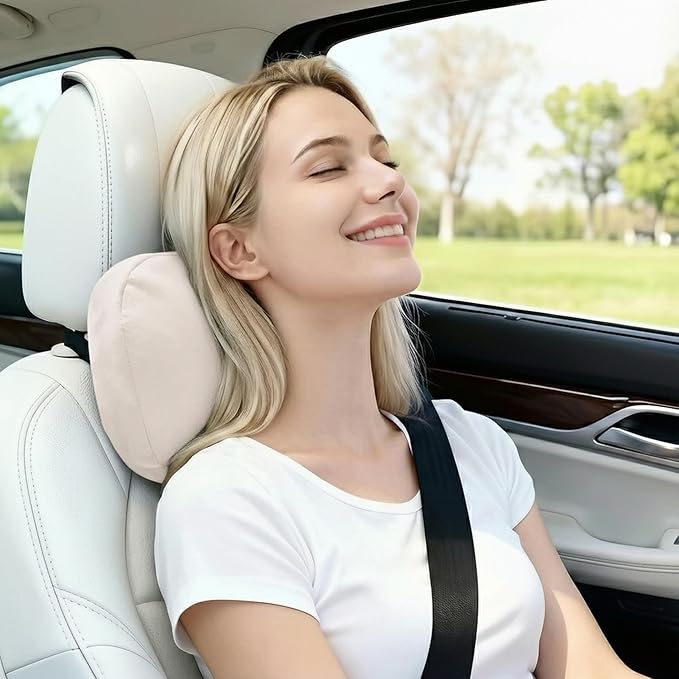 2PCS Car Pillow for Car Neck Pillow for Driving Seat Neck Support Soft Cushion Back Support Head-Rests for Vehicle Sleeping with Elastic Adjustment Strap (Beige, Head)
