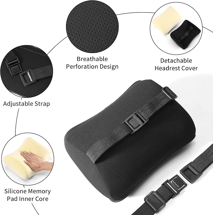 Car Headrest Pillow, Soft Memory Foam Car Neck Pillow with Adjustable Strap, Removable Breathable Cover for Long Drives & Office (Black, Pack of 2)