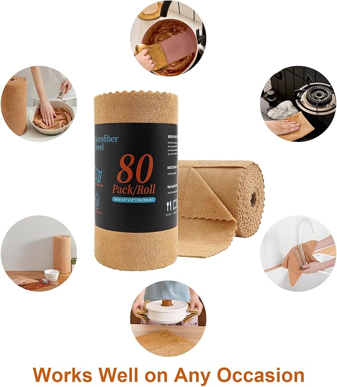 80 Pack Microfiber Cleaning Cloth Roll,Lint Free Rags & Tear Away Reusable Towels Washable Scratch,Ultra Absorbent Dish Rags(12" x 12") for Car Kitchen Home Garage-Dark Coffee