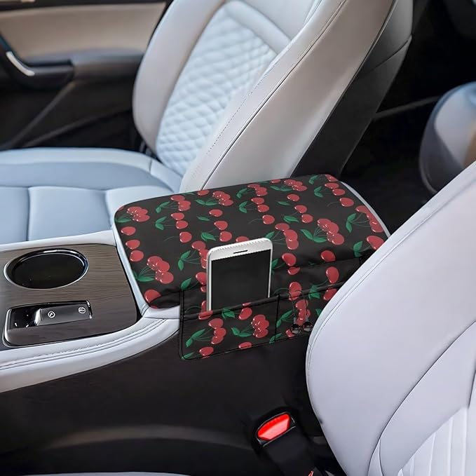 Wanyint Cherry Black Car Center Console Cover Universal Armrest Box Protector Scratch Resistant Wear-Resistant Arm Rest Cover Pad with Pockets Storage Bag Vehicle Accessories