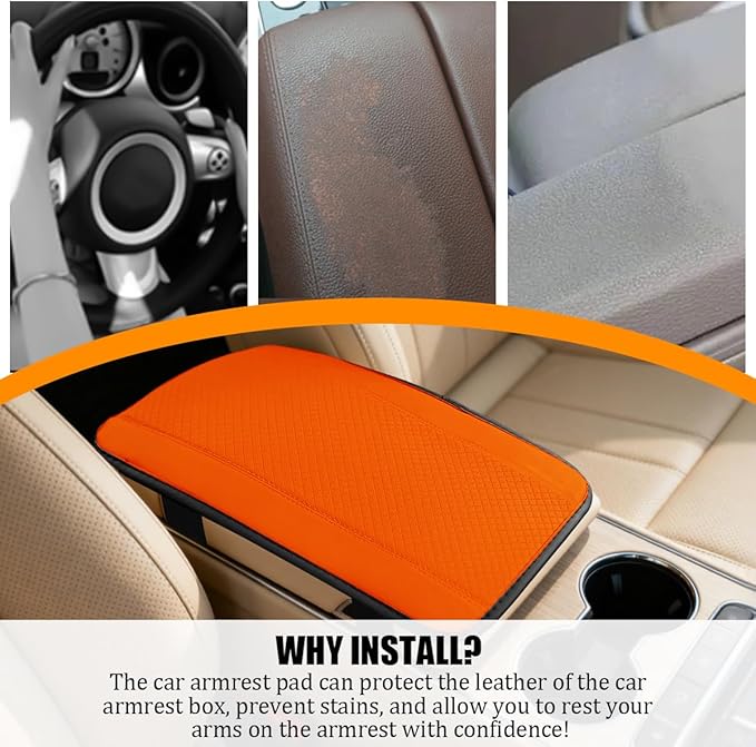 Car Center Console Cover, PU Leather Vehicle Armrest Seat Box Cover Protector, Comfortable Automotive Interior Arm Rest Cushion Pad Accessories, Universal for SUV Sedan Truck (Orange)