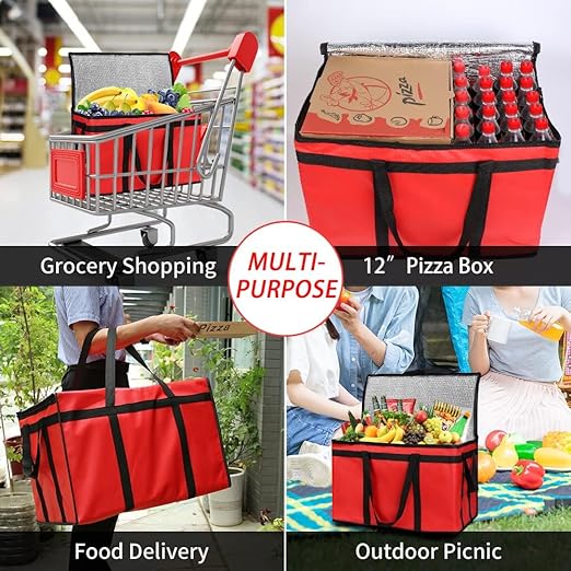 CIVJET Insulated Food Delivery Bag with Hard Bottom, XXX-Large Insulated Reusable Grocery Cooler/Hot Bags, Tote Bag for Shopping/Travel, Red, 3-Pack