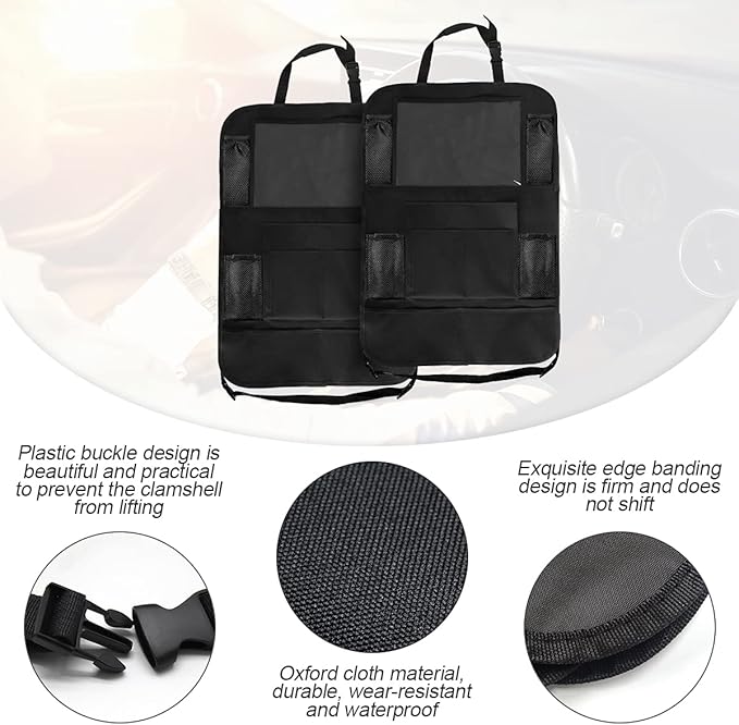 Osilly Car Seat Back Organizer, 2 Pack Backseat Storage Bag with Touch Screen Tablet Holder & 9 Pockets, Durable Waterproof Oxford Fabric, Travel Accessories, Road Trip Essentials for Kids