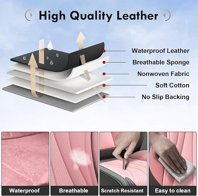 Coverado Front Seat Covers, Luxury Leather Seat Covers for Cars, Automotive Seat Cover, Car Seat Protector Waterproof, Premium Car Seat Covers Car Seat Cushions Universal Fit for Most Cars (Gray&Pink)
