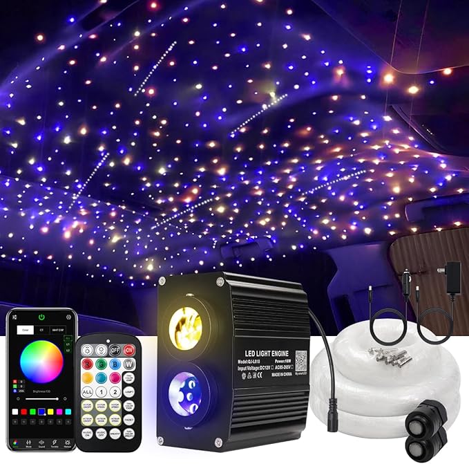 AKEPO 18W Meteor Twinkle 2-in-1 APP Fiber Optic Lights, RGBW Dual Color Twinkle 750pcs of 9.8ft/3m Mixed Size Fiber Strands+240pcs Fiber Shooting Star Ceiling Light Kit for Starlight Headliner/Home
