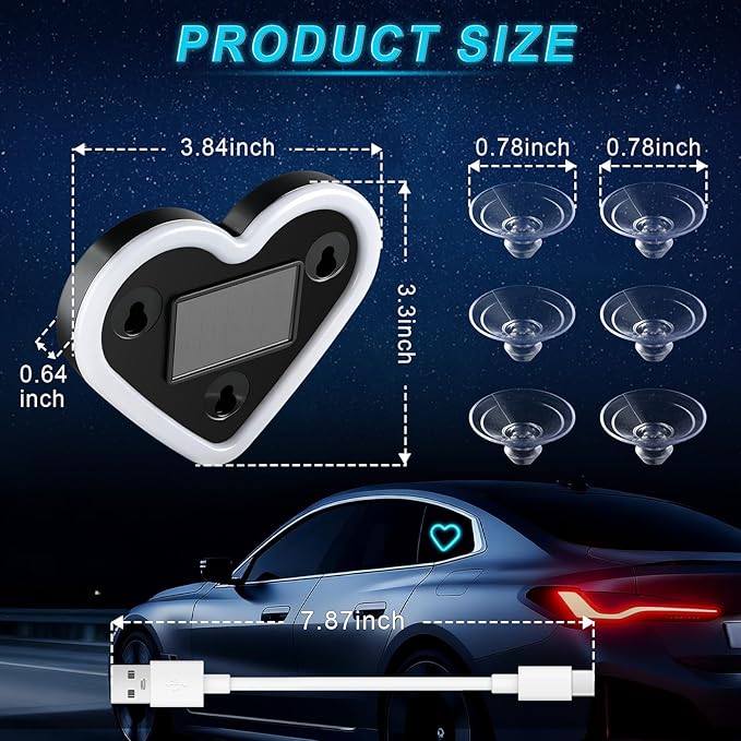 iFunyLED Car LED Interior Lights, Heart-Shaped Ambient Light for Windows, 5 Lighting Modes, Charging Through Type-c and Solar Energy, Car Decorations for Women Men, Pack of 2, (Ice Blue)