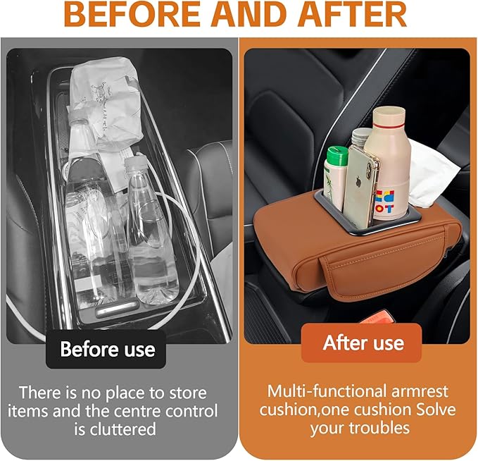 wuyaoyao Car Center Console Cover, 13.39"×8.27"×3.15" Leather Car Armrest Cover with Pocket & Tissue Box & Cup Holder, Multifunctional Auto Armrest Cushion Pad, Universal Car Accessories (Coffee)