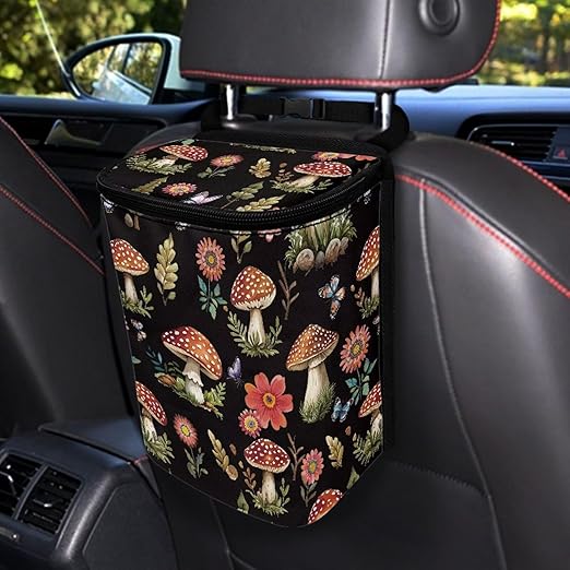 Cute Mushroom Car Trash Can Auto Garbage Bag with Lid Leak-Proof Car Storage Bag Garbage Bag Hanging for Headrest Portable Vehicle Backseat Organizer