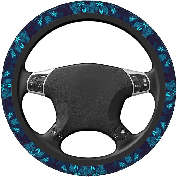 Polynesian Teal Tribal Leaf Floral Car Steering Wheel Cover for Women Men Stretch Cloth Anti-Slip Wrap Protector Case Fit Universal Auto Accessories Decor Sweat Absorption 14-15 Inch