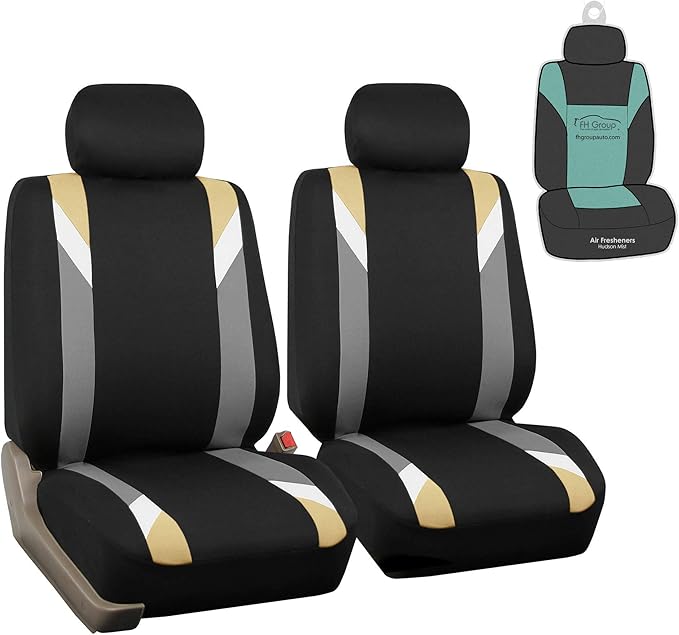 FH Group Car Seat Covers Premium Modernistic Flat Cloth Car Seat Covers Front Seats Only Beige Black, Airbag Compatible Universal Fit Interior Accessories Cars Trucks SUV Car Accessories Protector