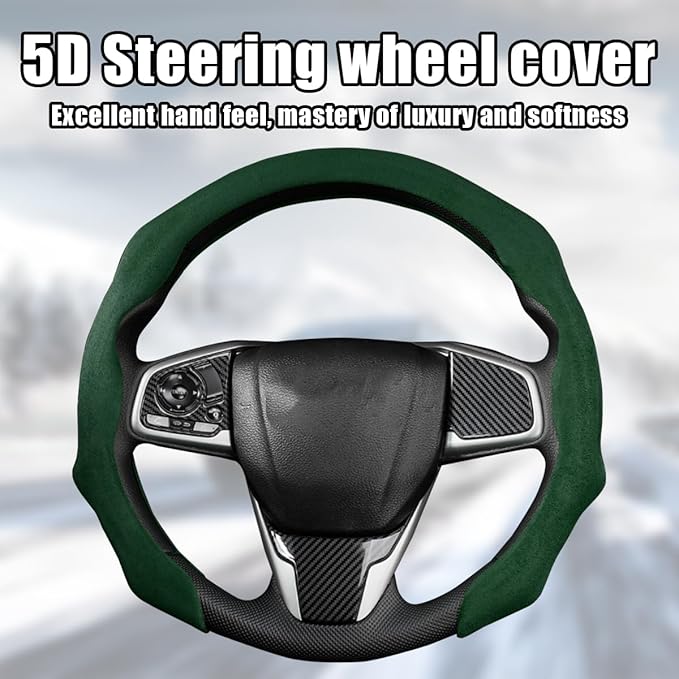 Mandark Car Steering Wheel Cover, Suede Sport Vehicle Steer Wheel Protector Fitting 15 Inch, Non-Slip Comfortable Automotive Interior Decoration Accessories, Universal for Most Cars (Black Green)