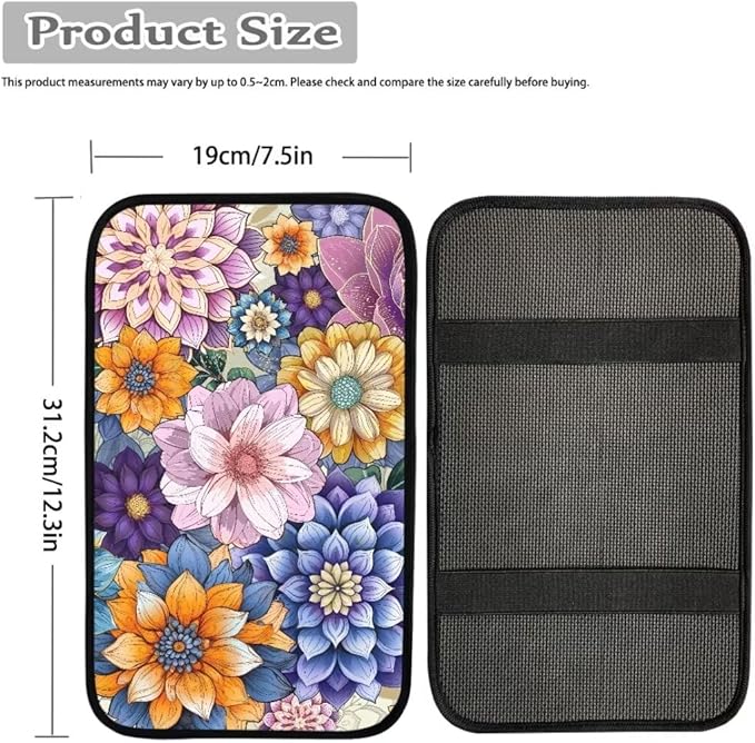 Coldinair Boho Flower Car Center Console Pad,Auto Interior Accessories Decoration,Auto Armrest Cover Protector for Most Vehicle, SUV, Truck, Car