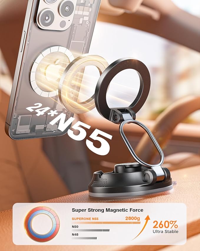 【2026 Newest】SUPERONE for Magsafe Car Mount Suction Cup,【Strongest Suction, 70% Less Spcae】Magnetic Car Phone Holder, Vacuum Phone Mount Foldable Car Accessories for iPhone 17 Pro Max/16/15/14/13/12