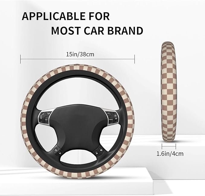 Checkered Brown Steering Wheel Cover - Checkered Brown Steering Wheel Cover Anti-Slip Breathable Universal 14-15 Inch Car with 2 Pcs Car Coasters Suitable Men Women
