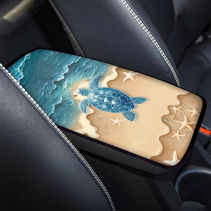 Suobstales Beach Turtle Starfish Print Car Armrest Pad Soft Center Console Arm Rest Protector Cover Universal Car Interior Accessories Decoration