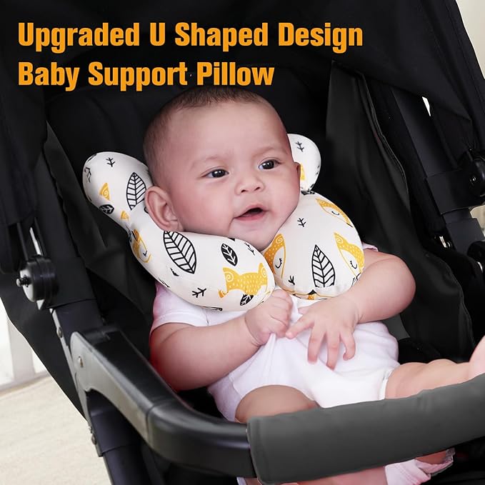 KAKIBLIN Baby Neck Pillow, Upgraded Baby Support Pillow for Head and Neck, Babies Head Pillow for Car Seat, Stroller, Pushchair,Travel(Yellow Fox)