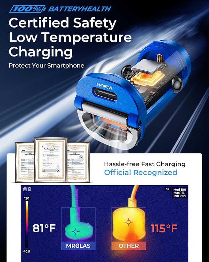【Upgraded】 125W USB C Car Charger Super Fast Charging for iPhone 16, [PD65W & QC60W][All Metal] MRGLAS Cigarette Lighter Car Charger,Dual Port for iPhone 16 15 Pro iPad Samsung S25 S24 MacBook-Blue