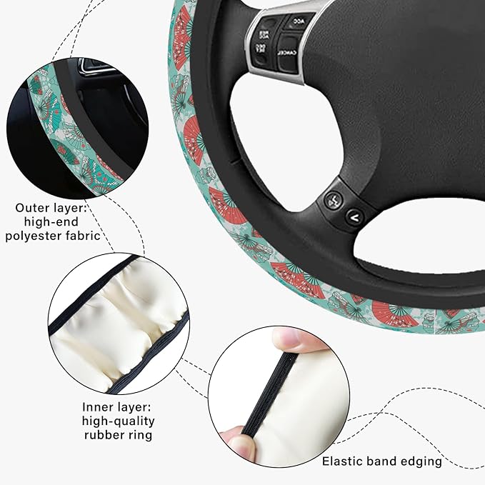 Green and Red Fan Steering Wheel Cover, Cute Print Steering Wheel Cover Protector, Ultra Thin Breathable Non-Slip, Car Accessories for Women, for Steering Wheel with a Diameter of 14.5"-15"