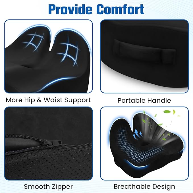 Seat Cushion, Chair Cushions for Office Chairs/Desk Seats/Wheelchair - Hip&Sciatica&Tailbone Pain Relief Memory Foam Office Chair Cushion for Long Sitting Office Workers(Black, X-Large)