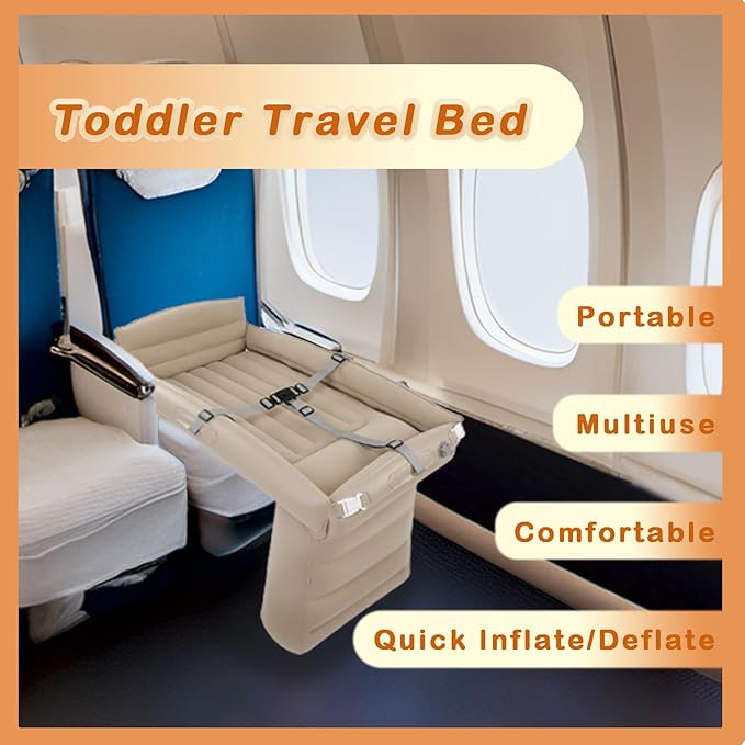 Toddler Travel Bed, Inflatable Airplane Bed for Kids with Side Rails, Pump, Safety Belt, Repair Kit & Carry Bag, Family Travel Essentials for Airplane, Train, Bus, Car