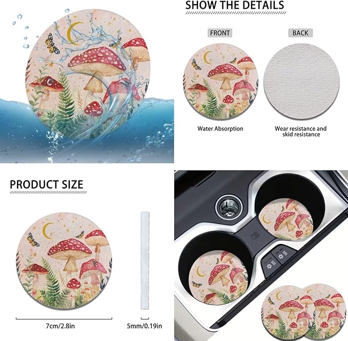 Red Mushroom Print Car Interior Accessories Cute Mushroom Car Steering Wheel Cover for Women Cup Coaster Handbrake Gear Cover Suit for Truck Vans SUV 6pcs