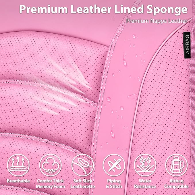 CAR PASS 3D Foam PU Leather Pink Car Seat Covers, Universal Seat Covers Front 2 for Trucks SUV Sedan Automotive Seat Covers Armrest Airbag Compatible Waterproof Comfortable Faux Nappa Leather All Pink