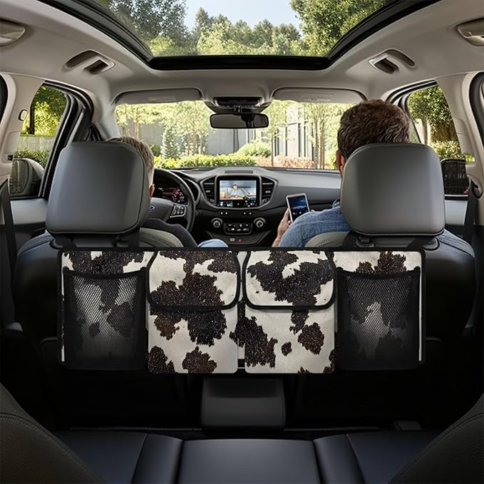 Black Cow Spots Backseat Trunk Organizer for Car Large Capacity Multipurpose Cargo Bag,Sturdy Space Saving Expert