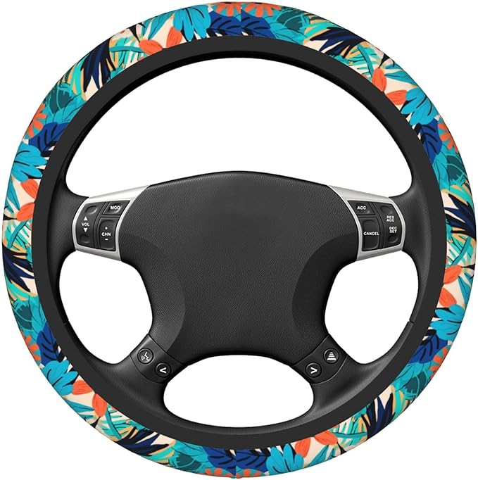Car Steering Wheel Cover,Tropical Leaves Universal Non Slip Wheel Protector 15 Inch Elastic Car Accessories for Men Women