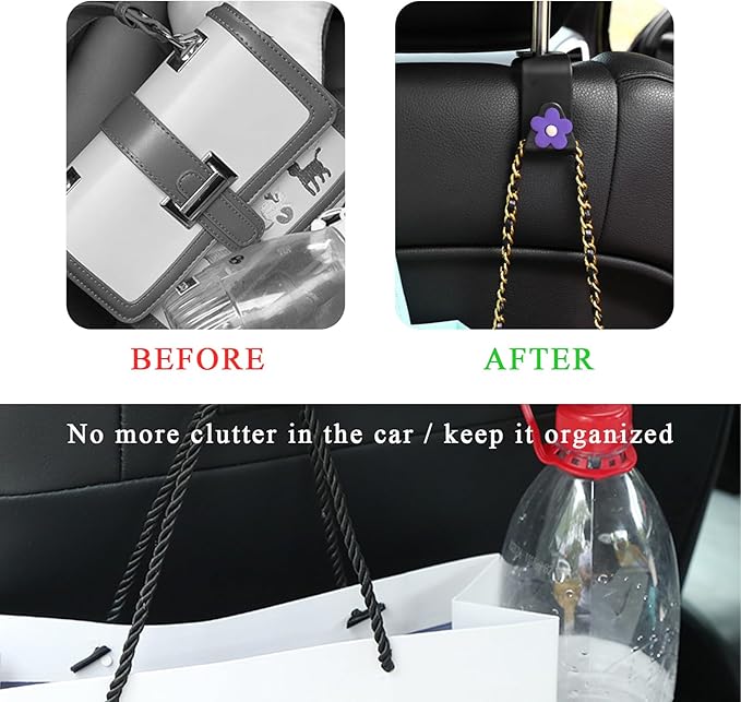 4 PCS Car Seat Headrest Hook, Plastic Headrest Hooks with Adhesive Flower, Auto Back Seat Hanger Storage Hook for Grocery Bag Purse Handbag Umbrella, Car Accessories (Purple)