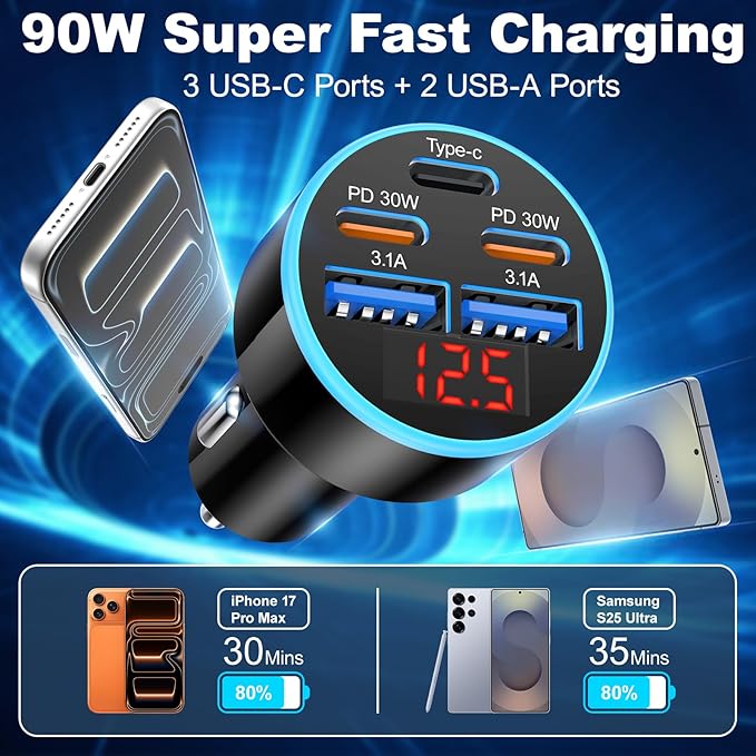 90W USB C Fast Car Charger, 2-Pack 5 Port USB C Car Phone Charger with Voltage Display, Dual PD 30W Multi Port Cigarette Lighter USB Charger for iPhone 17/Air/16/15 Pro Max,Galaxy S25/S24,iPad